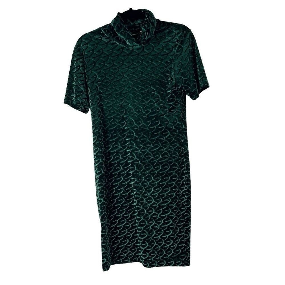90s Green Velvet Mock Neck Short Sleeve Knee Length Dress Vtg Sz 10 Women’s
